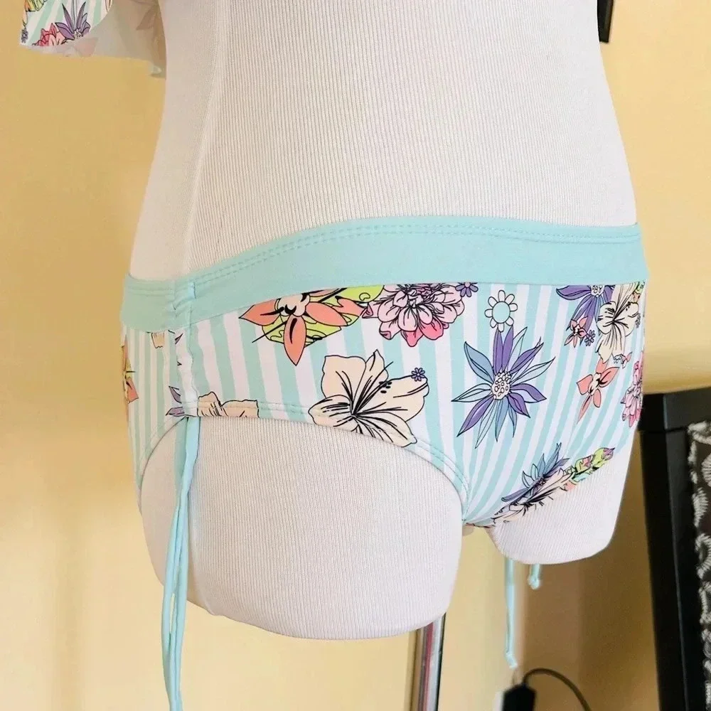 Limeapple Girls Ruffle Square Neck Bikini Swim Set Floral Stripe 16 EUC